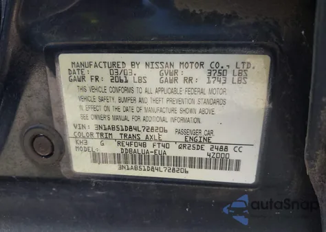 2004 Nissan Sentra Se-R z USA, uszkodzony, nr VIN 3N1AB51D84L728206